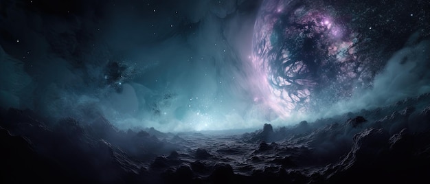 A galactic odyssey with an amazing 3D universe on a palette of deep blues violets and blacks