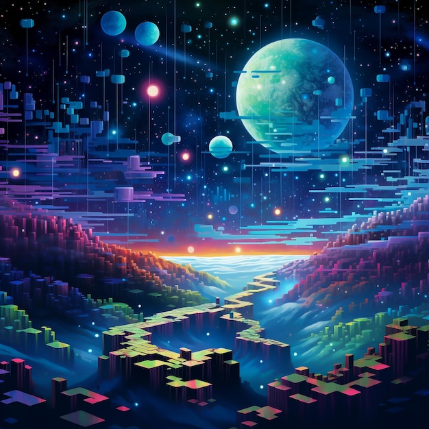 Galactic pixel art scene where illuminated planets and stars form a vivid tapestry of cosmic beauty