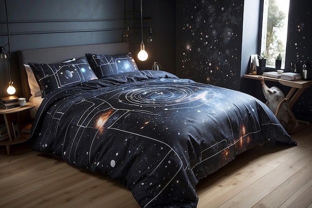 Галактическая звездная карта кровати, установленная в спальне с научной фантастикой, превращающая кровать в астрономический побег
