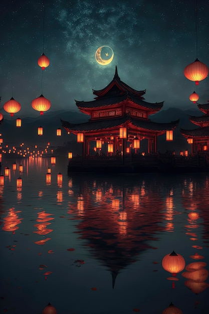 Galactic stars in the night sky of the Tang Dynasty with red Kongming lanterns rising in the sky houses on both sides of the lake crowds watching the lantern festival AIGenerated