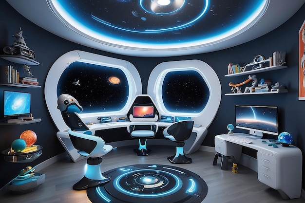 Photo galactic starship kids study corner with futuristic decor