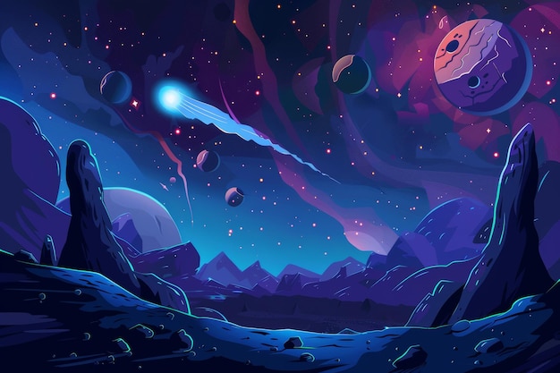 Galactische achtergrond met planeten, sterren en meteoren in de ruimte Landschap met buitenaardse planeten of manen en kraters die in de nachtelijke hemel vliegen moderne cartoon illustratie