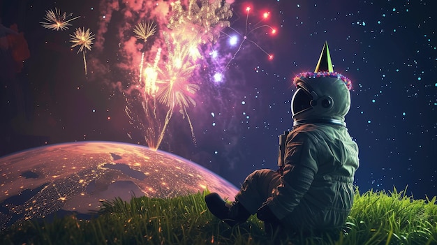 Foto galactische festiviteiten astronaut geniet van aardse vuurwerk extravaganza