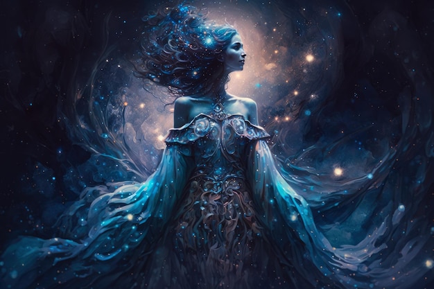 Galactische godin in een dromerige etherische outfit die naar de sterren staart.