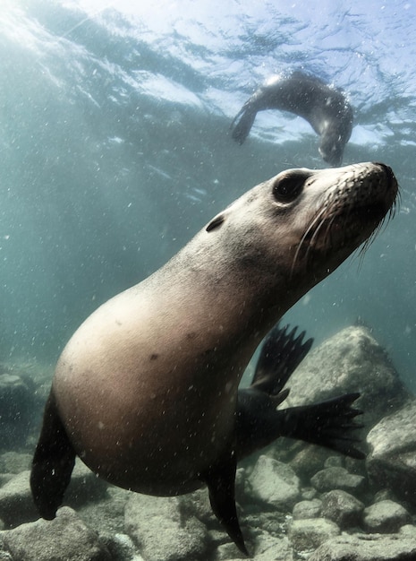 Photo galapagos fur seal arctocephalus galapagoensis swimming in tropical underwaters close up