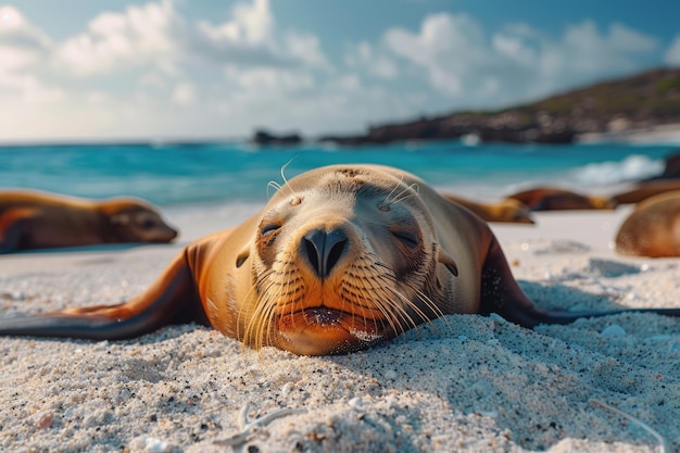 A Galapagos Sea Lion lounging on a sandy beach surrounded by playful pups