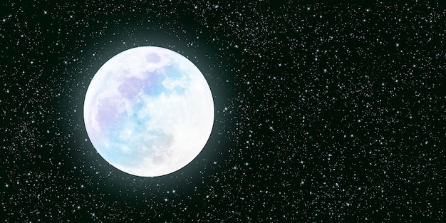 On the galaxy background, there is a full moon and a lot of stars