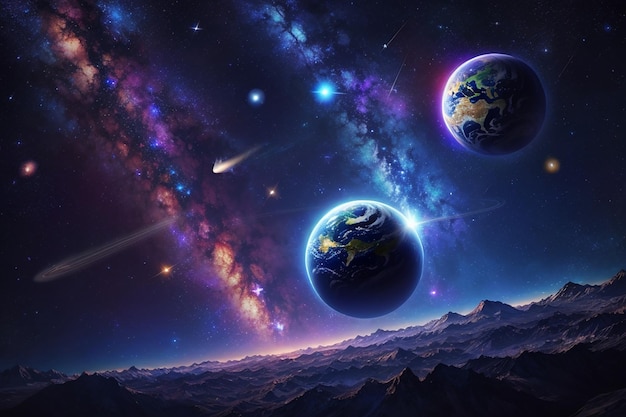 Galaxy background with planet and meteor shower