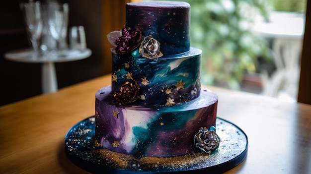 A galaxy cake with flowers on top