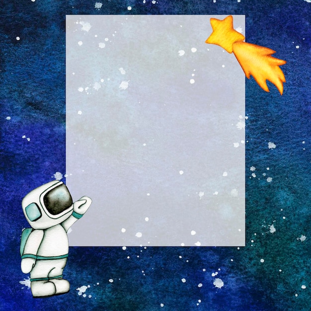 Photo galaxy frame cute astronaut and flag in space isolated on transparent background watercolor illustration of outer space with stars