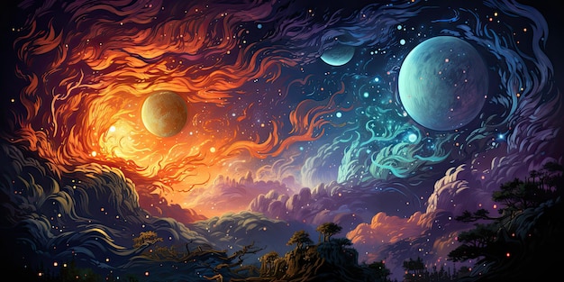 The galaxy and planets are depicted in these watercolor paintings The vivid cosmic background is m