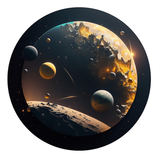 Galaxy planets in the cosmic sky Creative fantasy illustration in sphere icon logo isolate on white background