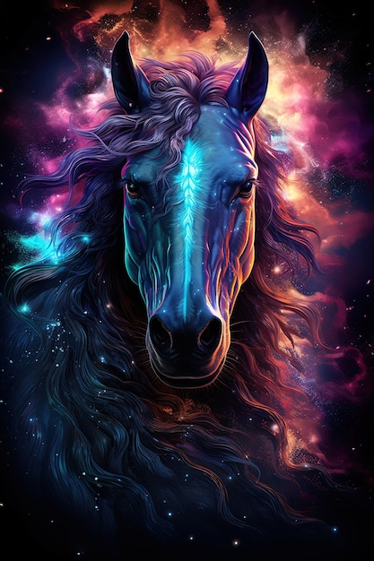 A galaxy Rainbow Colorful Horse posture in the middle of dark space astral space