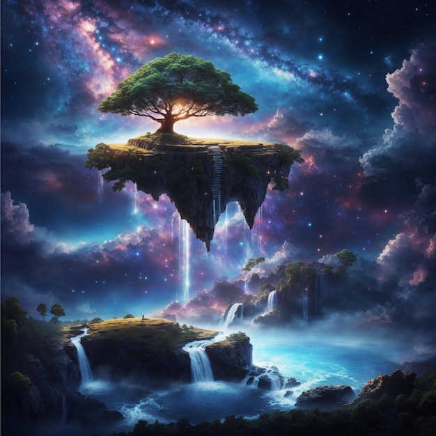 galaxy sky big tree dramatic atmosphere flying island waterfall