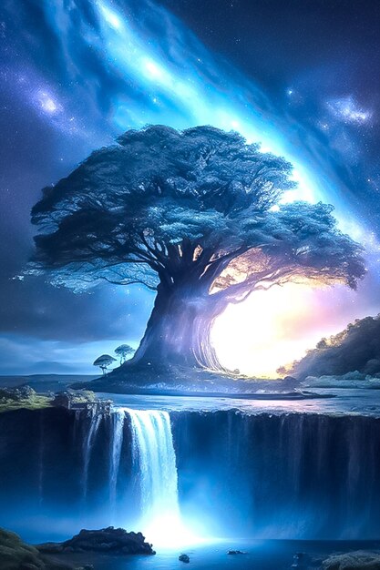 galaxy sky big tree dramatic atmosphere flying island