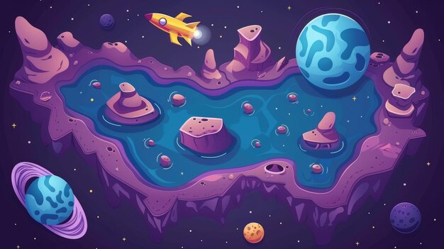 Карта уровня интерфейса космической игры Галактики в современной форме Rocket UI для мобильной видеоигры Космический корабль, летящий в систему астероидов для интерфейса космосного приложения