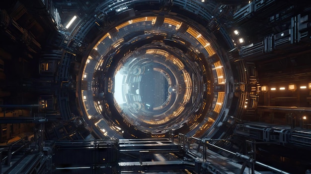 ネオンライトの未来的な映画スタイルのシーンを備えた銀河宇宙船のインテリア