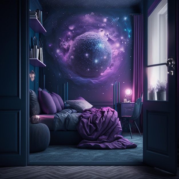 Galaxy themed bedrooms in purple hues