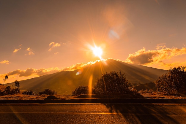 Galeras volcano sunset and street in Nario