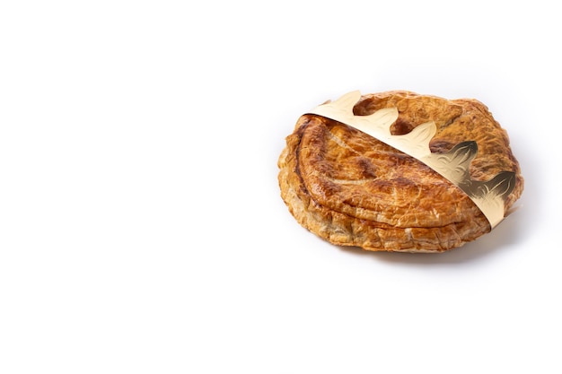 Galette des rois isolated on white background. Traditional Epiphany cake in France