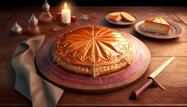 Galette des rois op houten tafel traditionele epiphany-cake in Frankrijk Thanksgiving en het oogstfeest Novemer 23th Generative AI