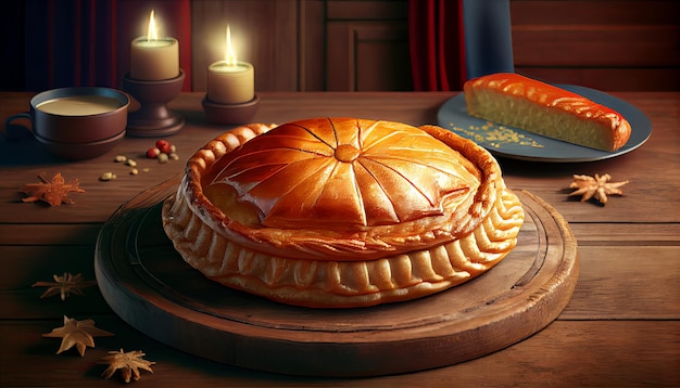 Galette des rois op houten tafel traditionele epiphany-cake in Frankrijk Thanksgiving en het oogstfeest Novemer 23th Generative AI