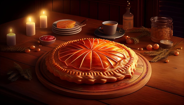 Galette des rois op houten tafel traditionele epiphany-cake in Frankrijk Thanksgiving en het oogstfeest Novemer 23th Generative AI