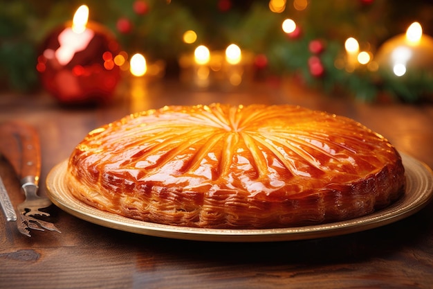 Galette des rois on wooden table and christmas decoration Traditional Epiphany cake in France