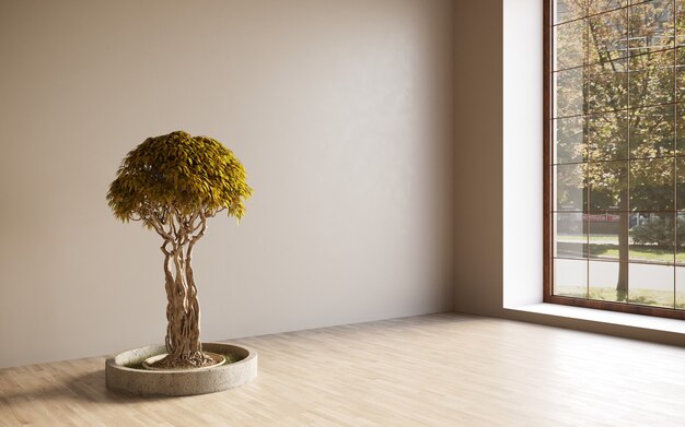 Gallery interior room with empty wall and decorative tree Gallery concept Mock up 3D Rendering