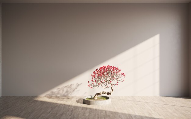 gallery interior room with empty wall and decorative tree gallery concept mock up 3d rendering