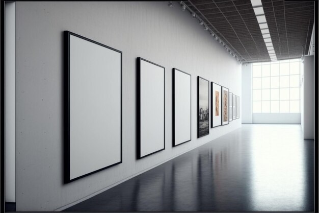 A gallery with a row of framed pictures on the wall and a window in the background.