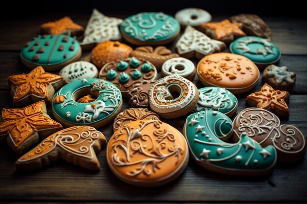 Photo galletas decoradas de halloween en mesa de madera estilo embrujado y acabado brillante