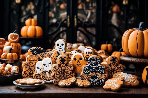 Photo galletas decoradas de halloween en mesa de madera estilo embrujado y acabado brillante