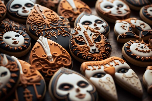 Photo galletas decoradas de halloween en mesa de madera estilo embrujado y acabado brillante