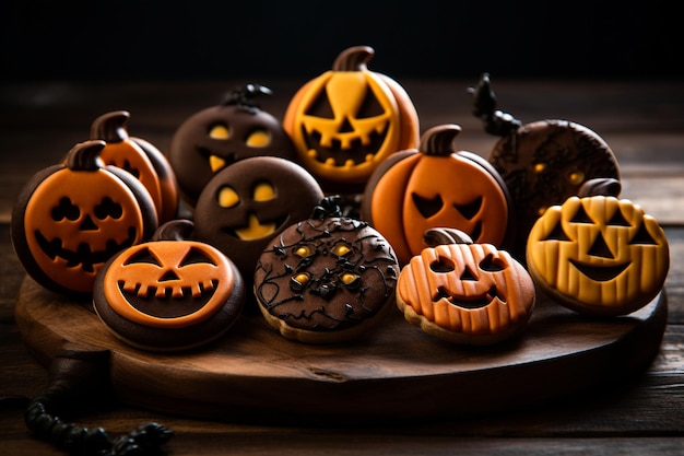 Photo galletas decoradas de halloween en mesa de madera estilo embrujado y acabado brillante