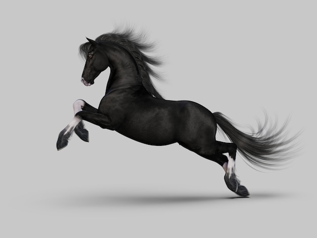 Photo galloping black horse. 3d illustration