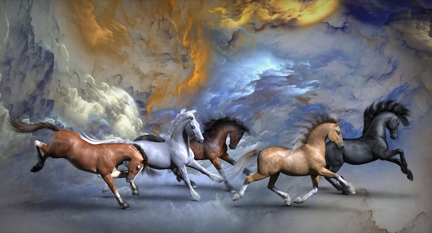 Galloping horses on an abstract background 3d illustration