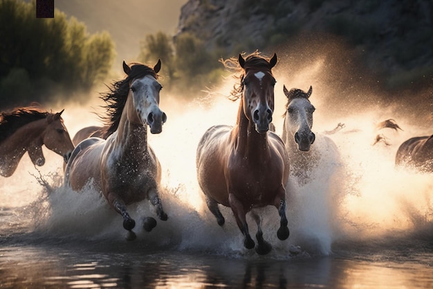 Galloping horses jumping over the camera in a river