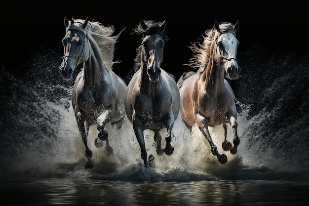 Galloping horses jumping over the camera in a river