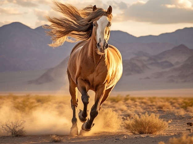 砂漠で走る野生の馬