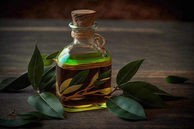 A galss bottle of tea tree oil resting on a wooden board