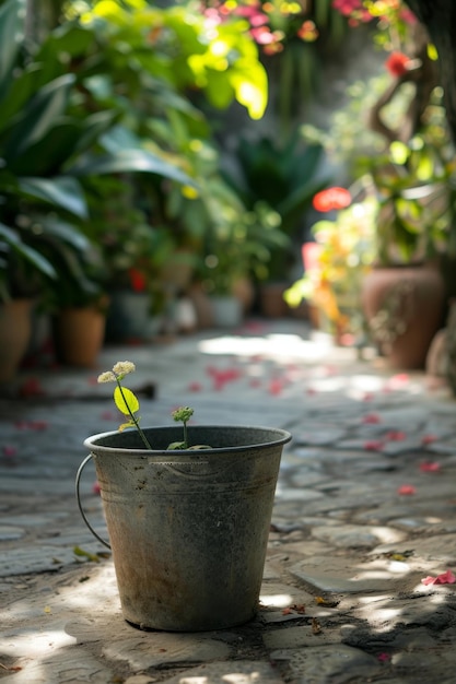 A galvanized metal bucket stands in the summer garden