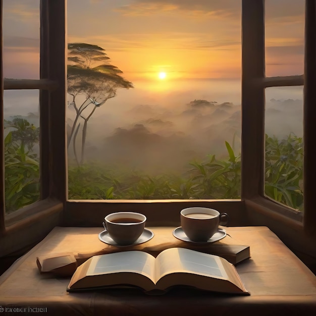 Gambar latar belakang sunrise yang indah dengan buku doa AI (Сан-райз, который прекрасен с книгой)