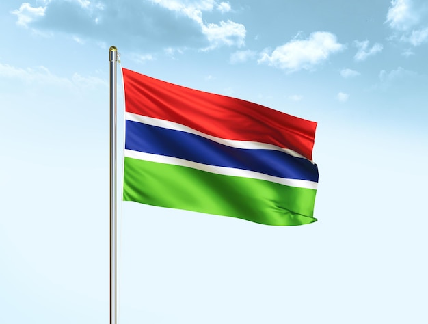 Gambia nationale vlag zwaaien in blauwe lucht met wolken Gambia vlag 3D illustratie