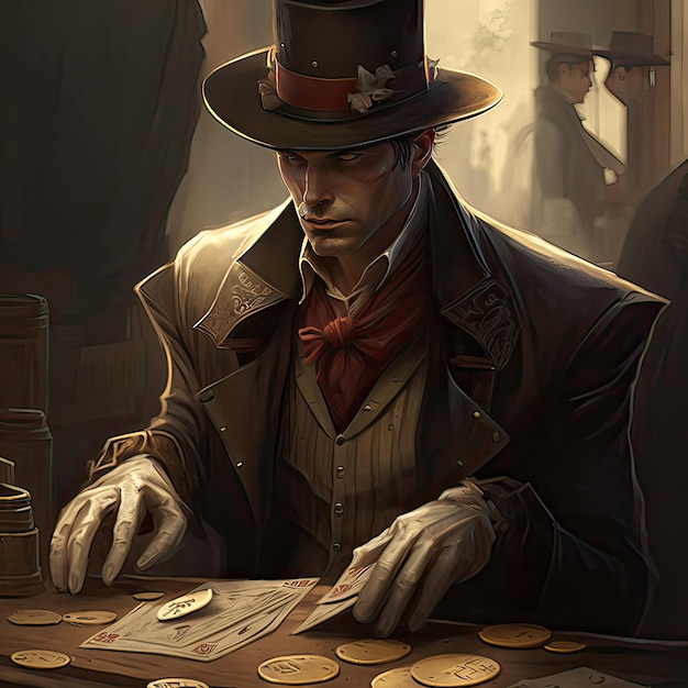 The gambler plays cards Foul play official dress code gambling high stakes poker nonexistent person high definition art generative artificial intelligence