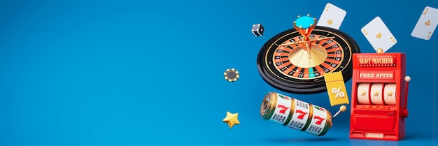 Фото Концепция азартных игр 3d реалистичное колесо рулетки и игровой автомат на синем фоне 777