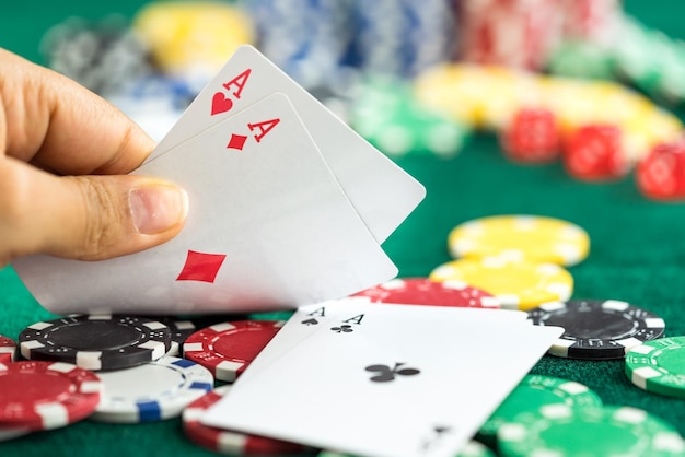 Gambling Poker Blackjack Cards Hand Shown and Dices Photo