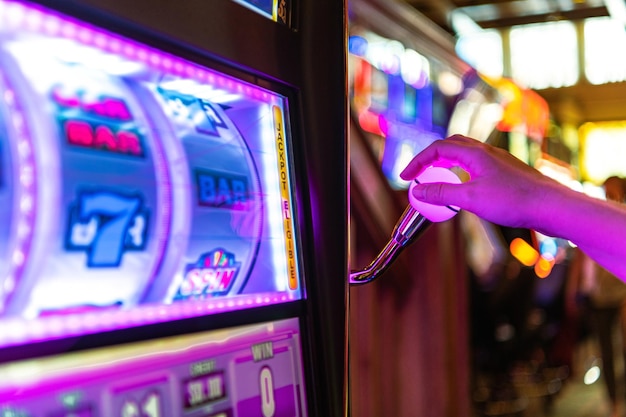 Gambling theme one handed bandit slot machine bid and spin in las vegas casino