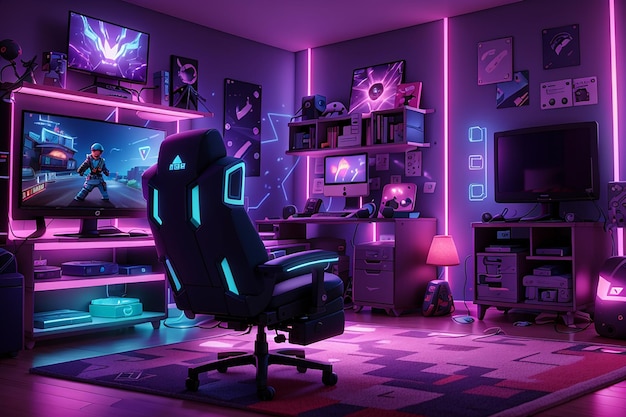 Game-aesthetiek gamer spelen spel in de kamer gamer kamer gamer ruimte ontwerp 4k hdr neon zachte lichten spel lichten video gaming thema