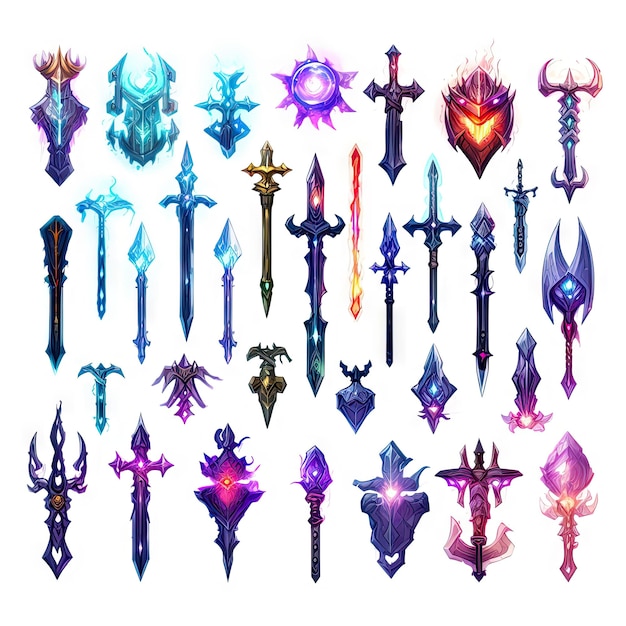 ゲーム アセット 武器、剣、弓、盾、杖のスプライト シート 3D および 2D の光る